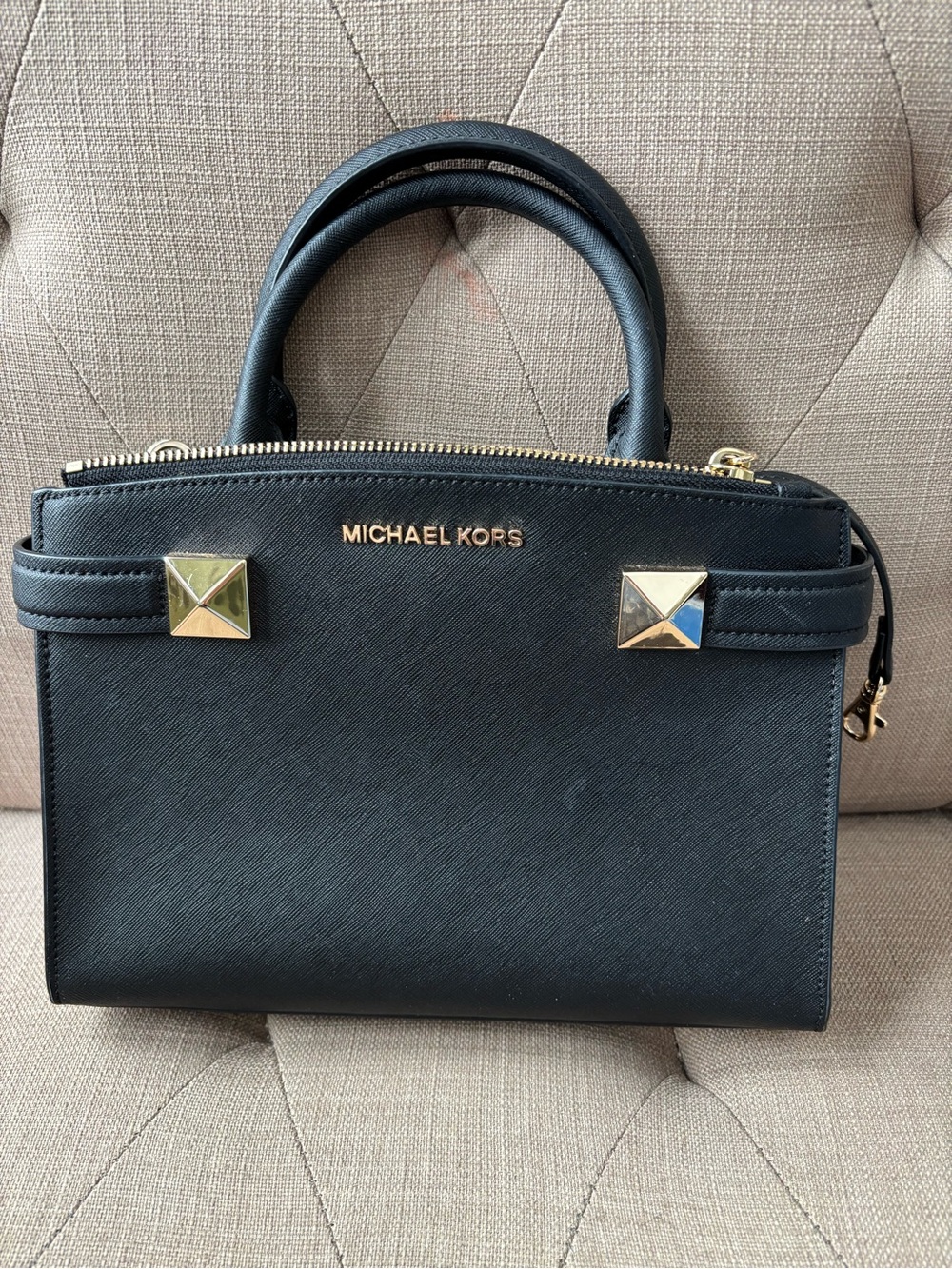 Michael Kors Black Saffiano Leather Satchel with Gold Hardware